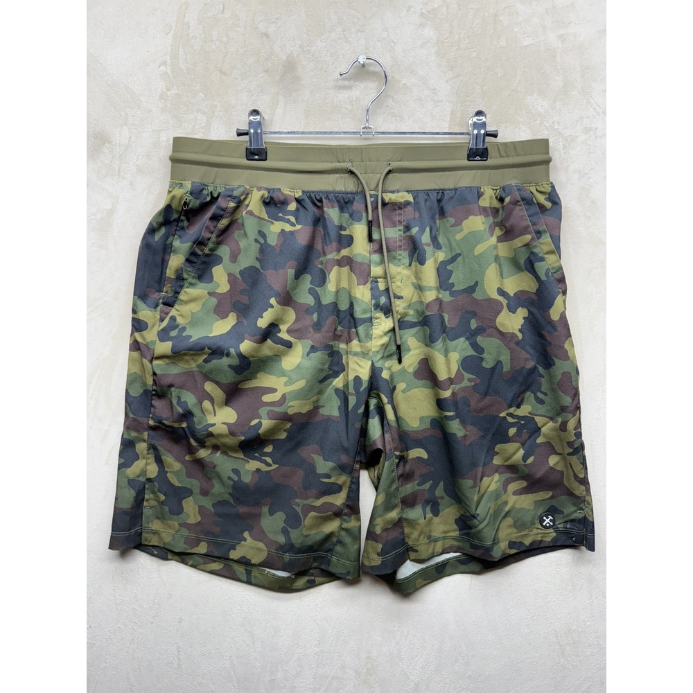 Dixxon Camo Shorts Mens Large 9" Inseam Green Woodland Camouflage Gym Athletic